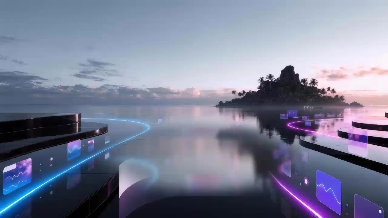 A tropical gaming island at sunset with neon-lit platforms and ocean views.