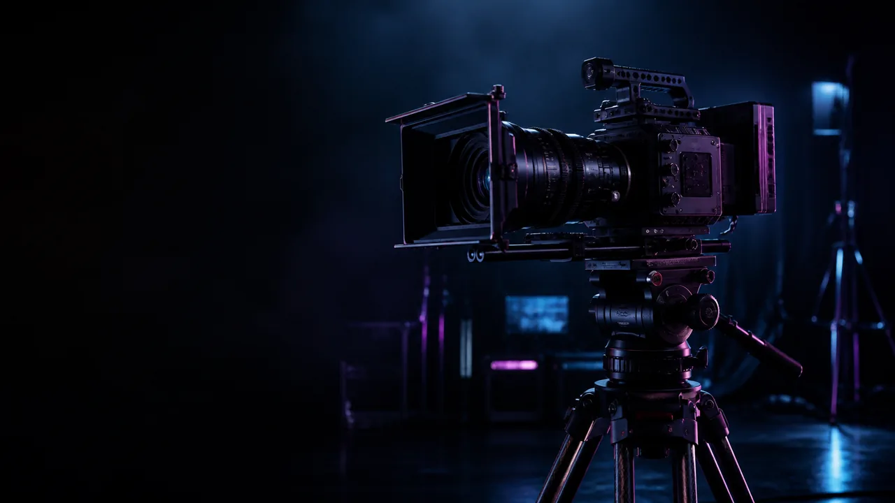 Cinema camera lit in blue and pink inside The Studio