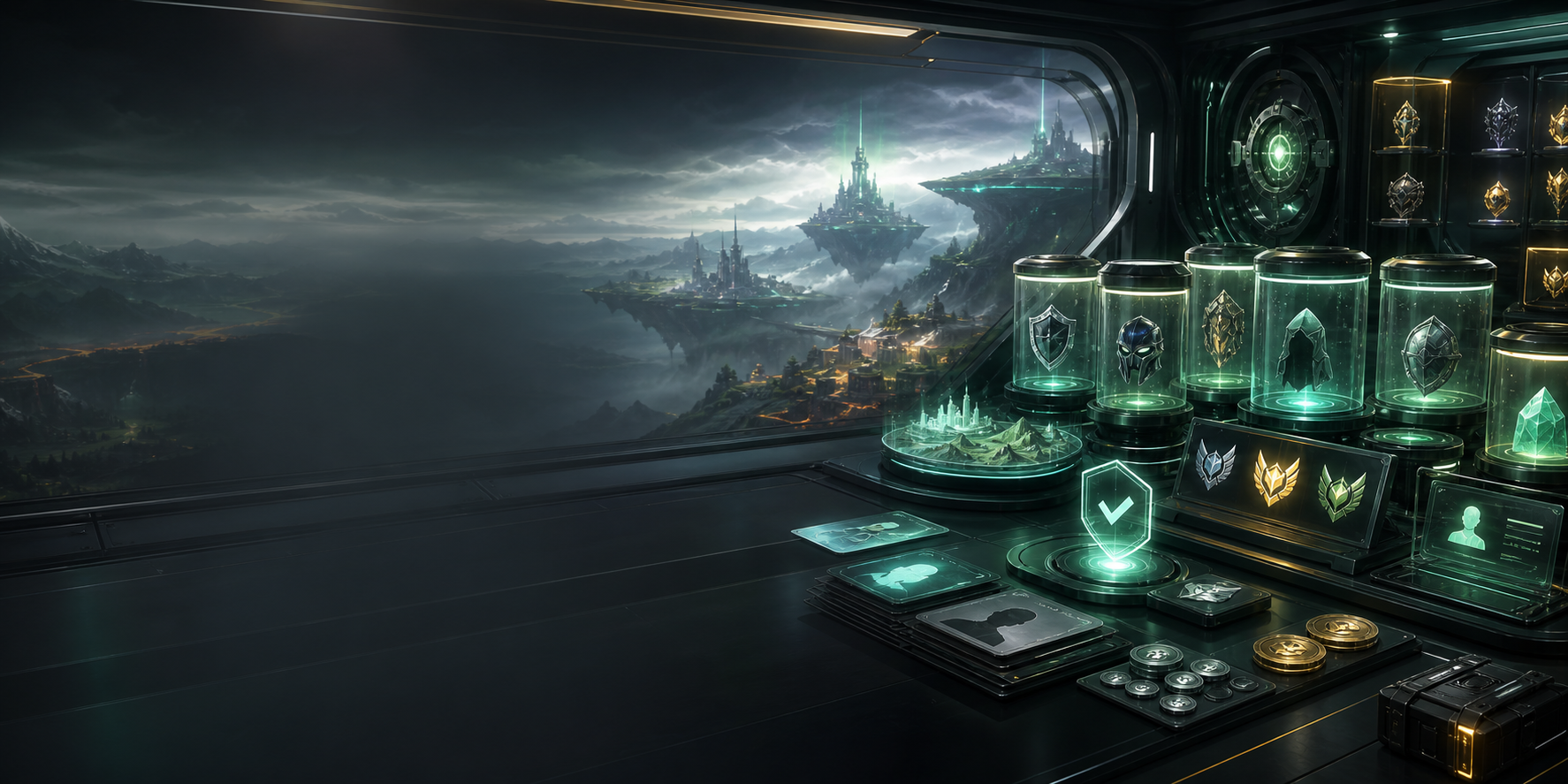 Marketplace command center with game assets in illuminated display cases