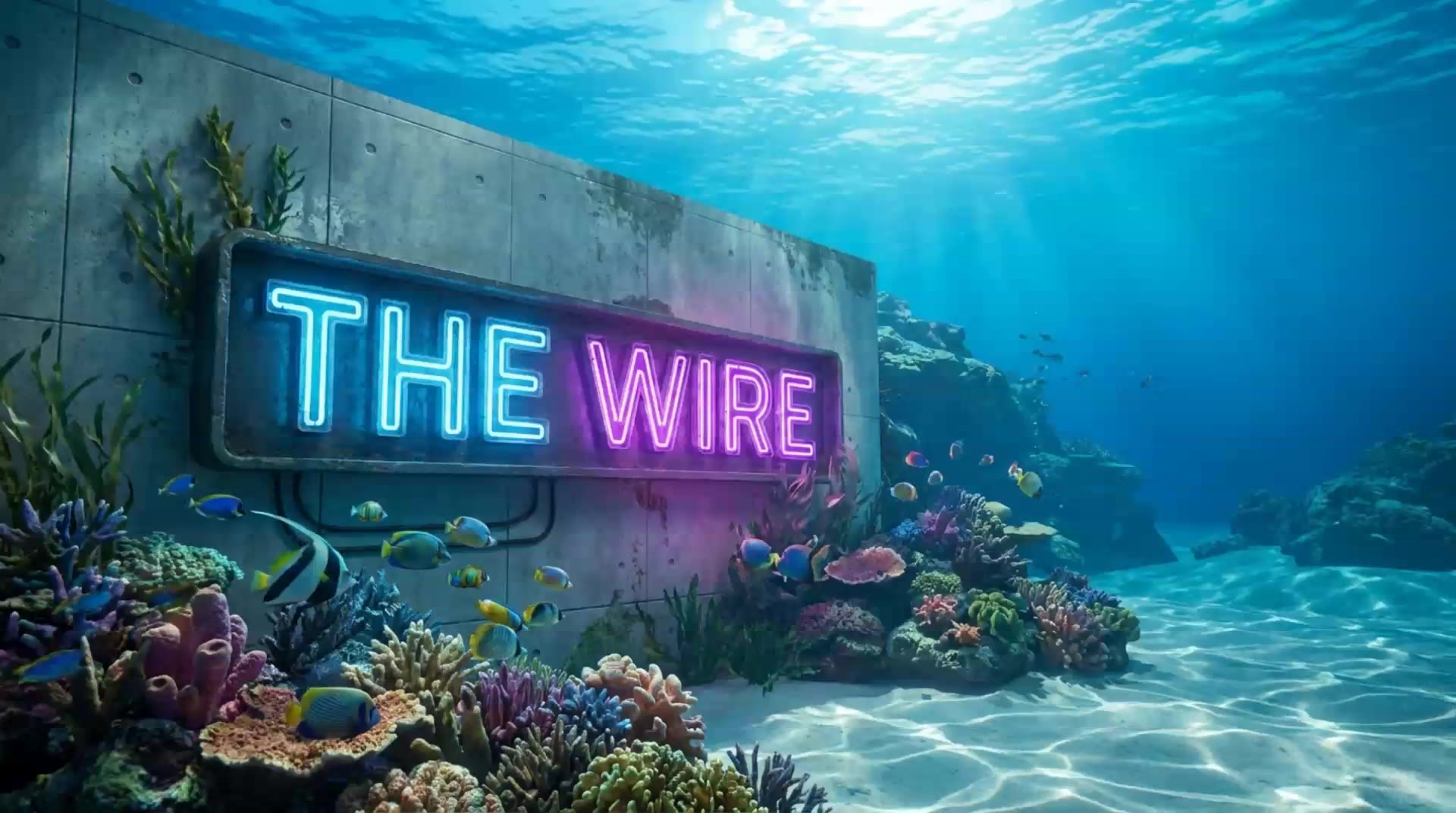 The Wire neon sign in an underwater editorial world